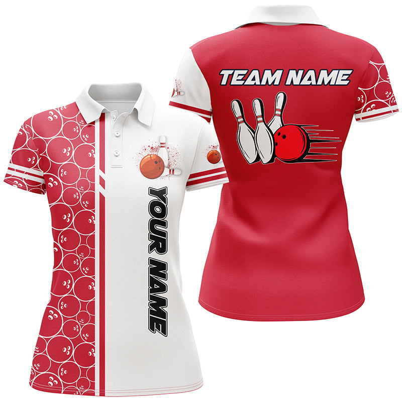 Women Bowling Polo, 1/4 Zip Shirt Custom white & red camo vintage bowling shirt, ladies bowling jersey NQS8177