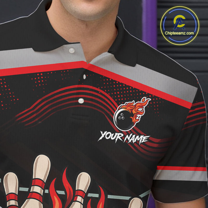 Black and Red Flame Funny Bowling Ball and Pins Bowling shirts for men custom team bowling outfits NQS10985