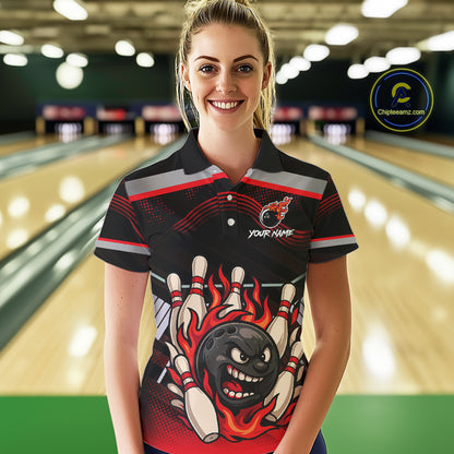 Black and Red Flame Funny Bowling Ball and Pins Bowling shirts for Women custom team bowling outfits NQS10985
