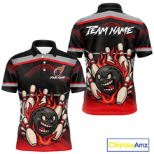 Load image into Gallery viewer, Black and Red Flame Funny Bowling Ball and Pins Bowling shirts for men custom team bowling outfits NQS10985