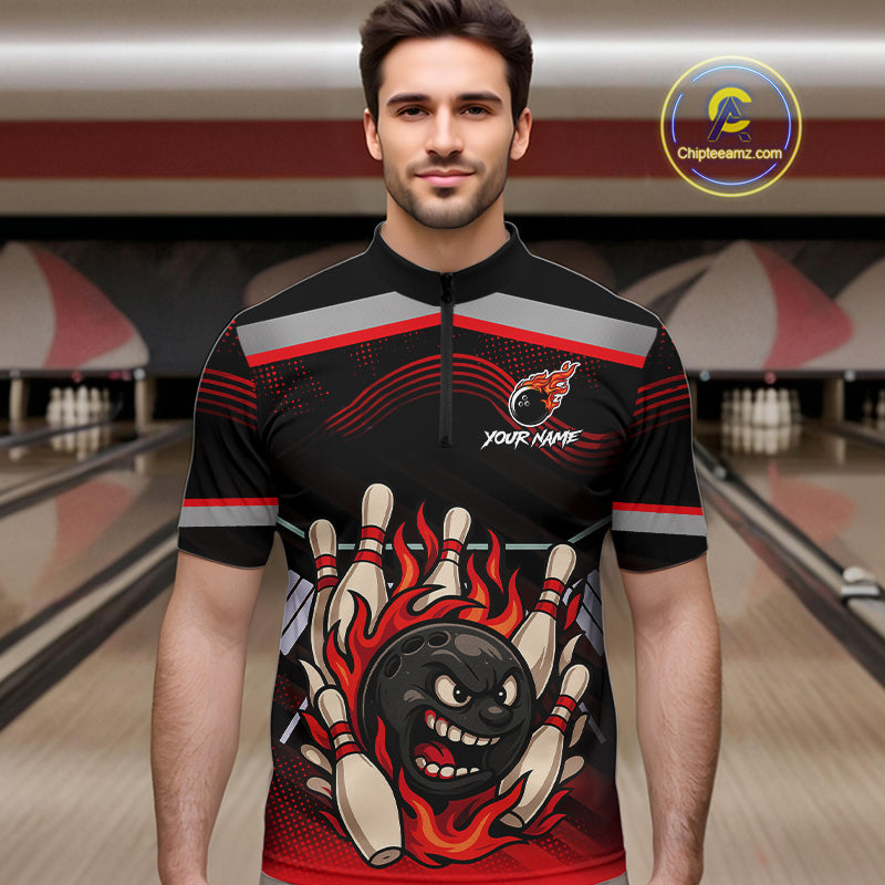 Black and Red Flame Funny Bowling Ball and Pins Bowling shirts for men custom team bowling outfits NQS10985