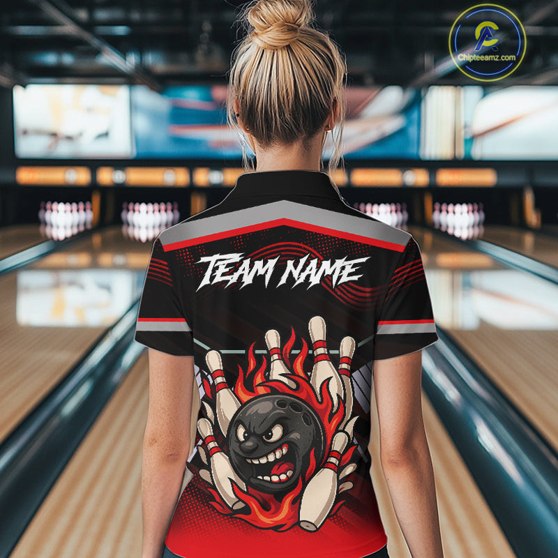 Black and Red Flame Funny Bowling Ball and Pins Bowling shirts for Women custom team bowling outfits NQS10985