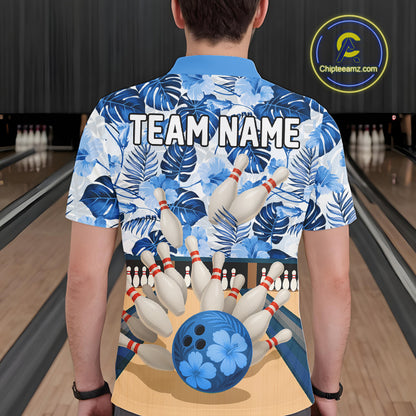 Blue tropical flower Bowling Polo, Quarter Zip Shirts For Men Custom bowling team jersey NQS10988
