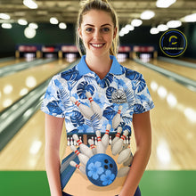 Load image into Gallery viewer, Blue tropical flower Bowling Polo, Quarter Zip Shirts For Women Custom bowling team jersey NQS10988