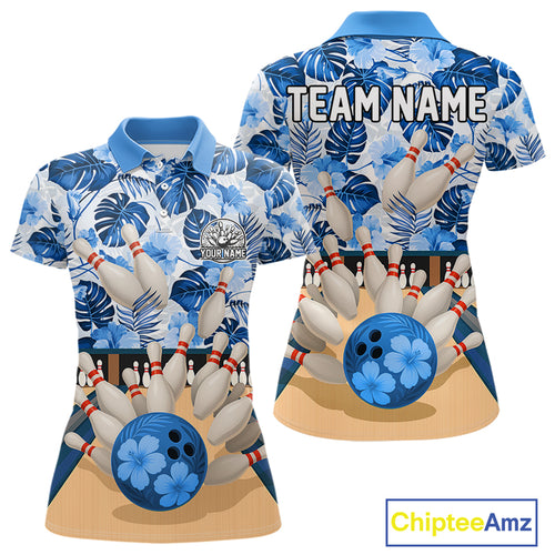 Blue tropical flower Bowling Polo, Quarter Zip Shirts For Women Custom bowling team jersey NQS10988