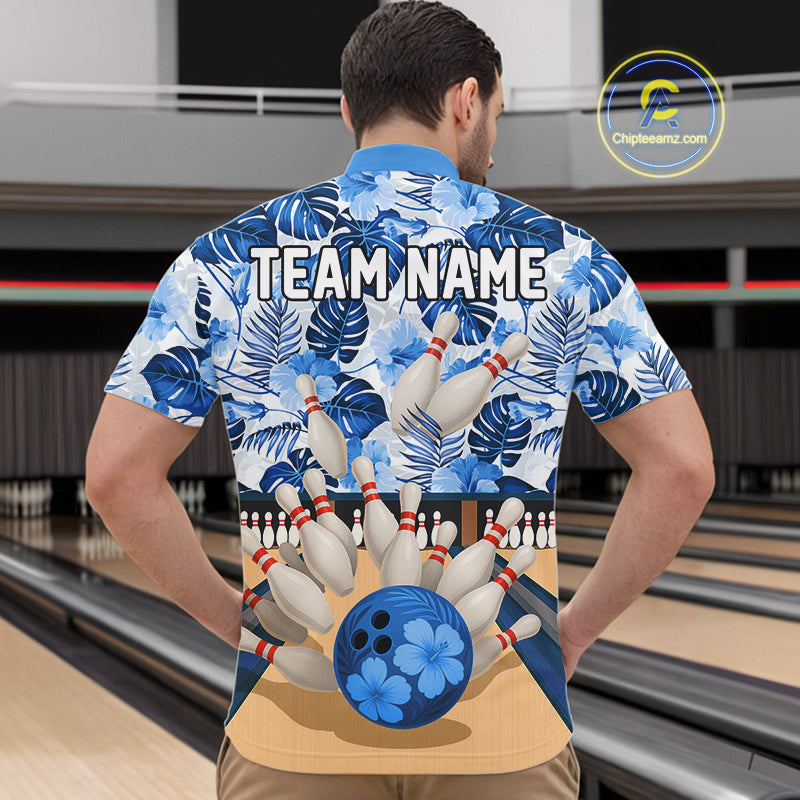 Blue tropical flower Bowling Polo, Quarter Zip Shirts For Men Custom bowling team jersey NQS10988