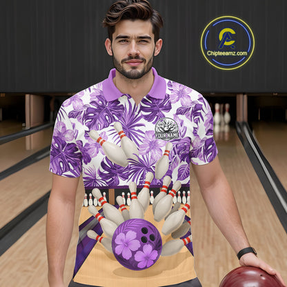 Purple tropical flower Bowling Polo, Quarter Zip Shirts For Men Custom bowling team jersey NQS10989