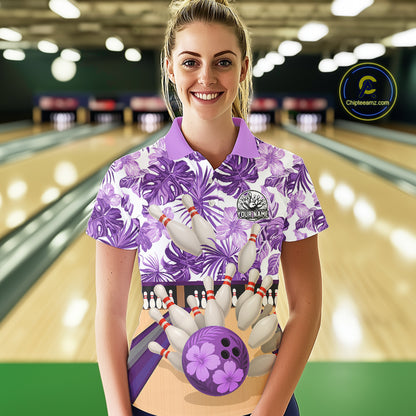 Purple tropical flower Bowling Polo, Quarter Zip Shirts For Women Custom bowling team jersey NQS10989