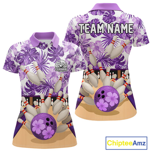 Purple tropical flower Bowling Polo, Quarter Zip Shirts For Women Custom bowling team jersey NQS10989