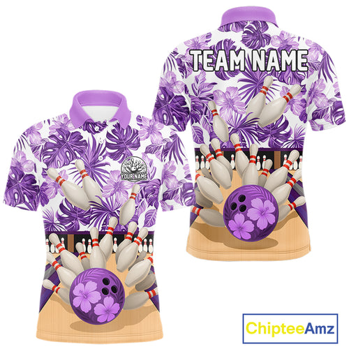 Purple tropical flower Bowling Polo, Quarter Zip Shirts For Men Custom bowling team jersey NQS10989