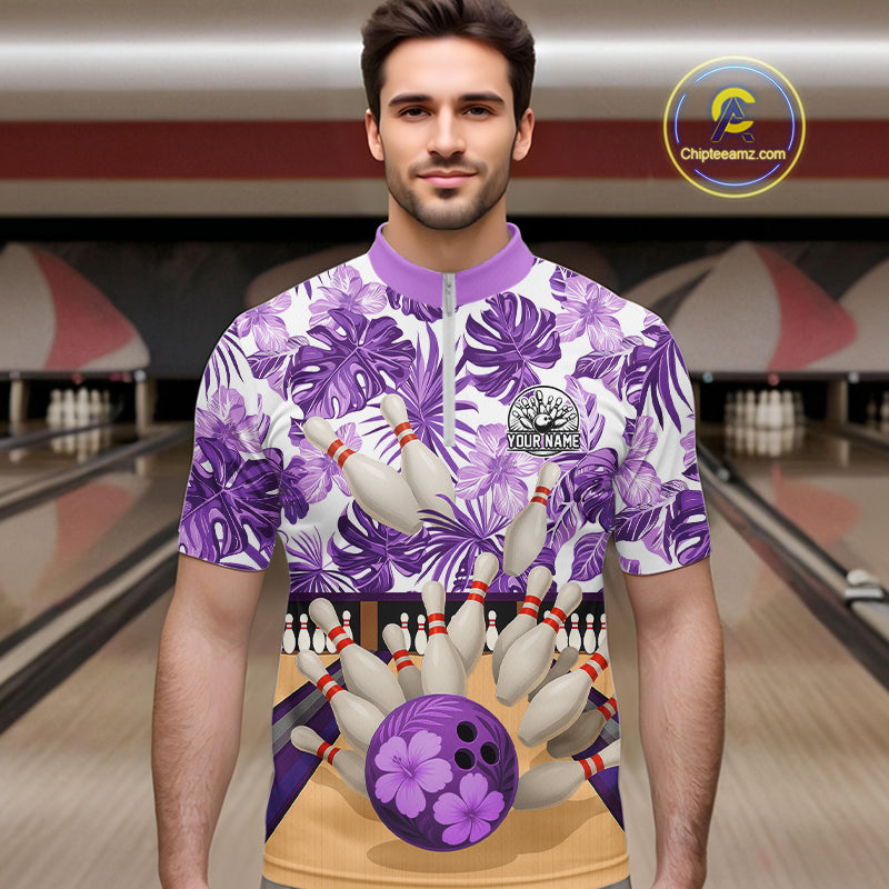 Purple tropical flower Bowling Polo, Quarter Zip Shirts For Men Custom bowling team jersey NQS10989