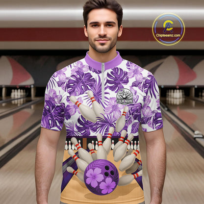 Purple tropical flower Bowling Polo, Quarter Zip Shirts For Men Custom bowling team jersey NQS10989