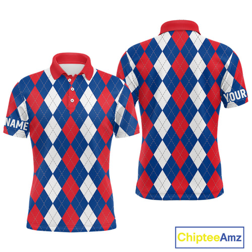 Mens golf polo shirt custom red, white and blue argyle plaid pattern golf attire for men NQS9847