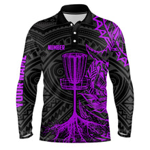 Load image into Gallery viewer, Purple tribal Mens disc golf polo shirt custom black disc golf basket jersey team mens disc golf shirt NQS7985