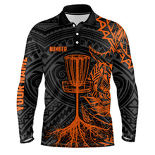 Load image into Gallery viewer, Orange tribal Mens disc golf polo shirt custom black disc golf basket jersey team mens disc golf shirt NQS7986