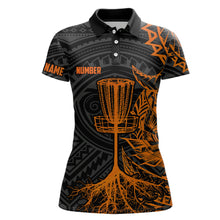 Load image into Gallery viewer, Orange tribal Womens disc golf polo shirt custom black disc golf basket jerseys team ladies disc golf NQS7986