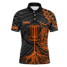 Load image into Gallery viewer, Orange tribal Mens disc golf polo shirt custom black disc golf basket jersey team mens disc golf shirt NQS7986