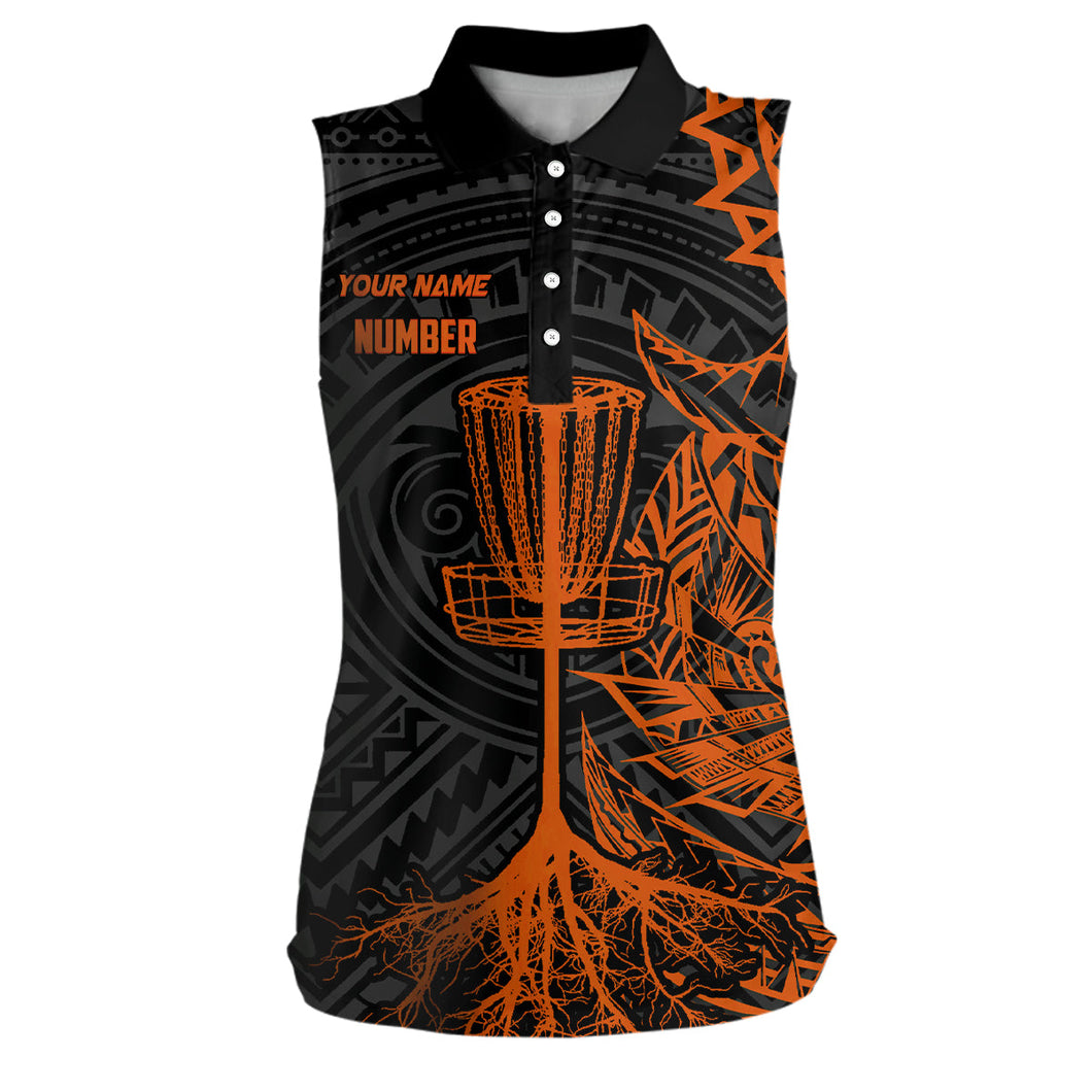 Orange tribal Womens disc golf sleeveless polo shirt custom black team ladies disc golf basket jerseys NQS7986