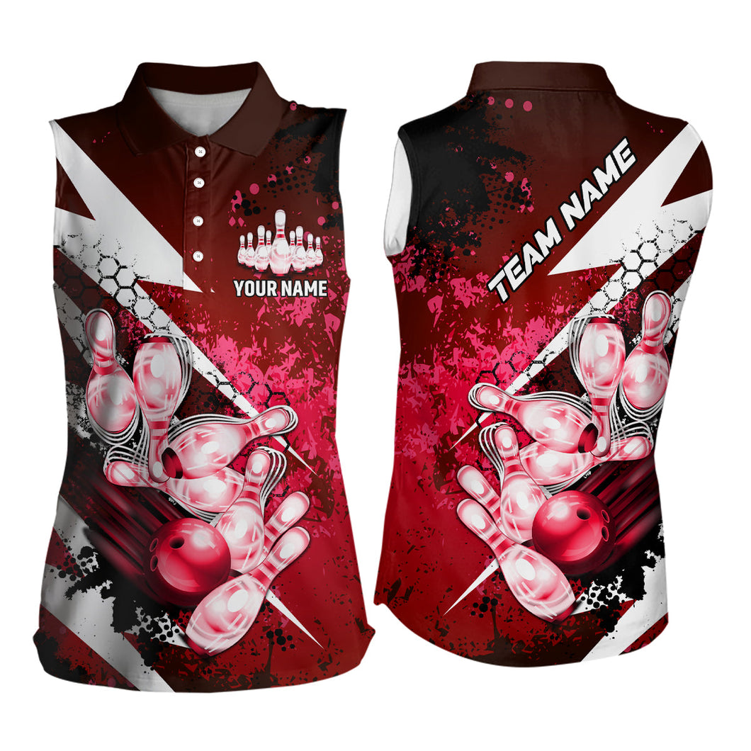 Red grunge lightning Women Bowling sleeveless polo shirts Custom Team Bowling Jersey NQS8660