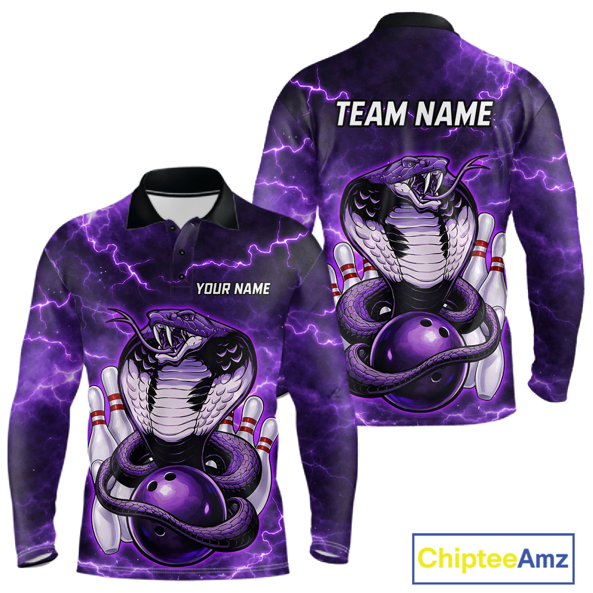 Purple Lightning thunder snake bowling shirts for men Custom bowling league shirts, gifts for bowlers NQS11402