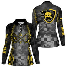 Load image into Gallery viewer, Womens golf polo shirts custom name black racing yellow pattern golf clubs golf outfit for women NQS6095