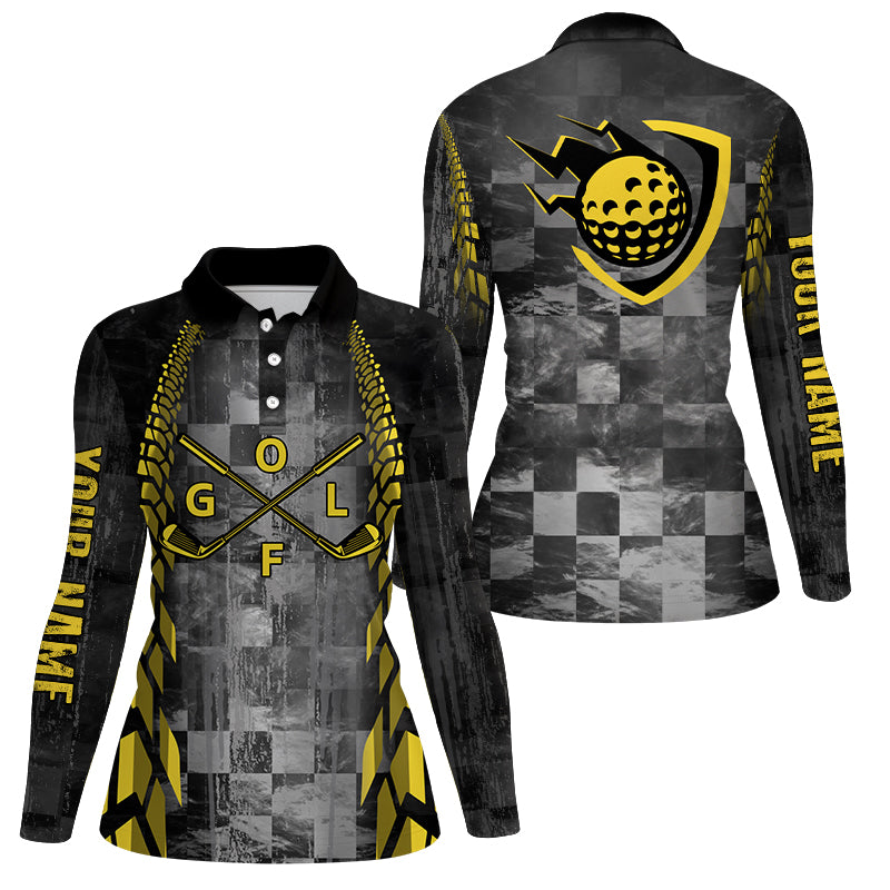 Womens golf polo shirts custom name black racing yellow pattern golf clubs golf outfit for women NQS6095