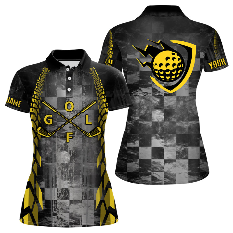 Womens golf polo shirts custom name black racing yellow pattern golf clubs golf outfit for women NQS6095