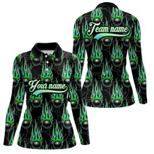 Load image into Gallery viewer, Black Bowling Ball Camo Green Flame Bowling Polo, 1/4 Zip Shirt for Women Custom Bowling Team Jersey NQS9479