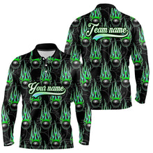 Load image into Gallery viewer, Black Bowling Ball Camo Green Flame Bowling Polo, 1/4 Zip Shirt for Men Custom Bowling Team Jersey NQS9479