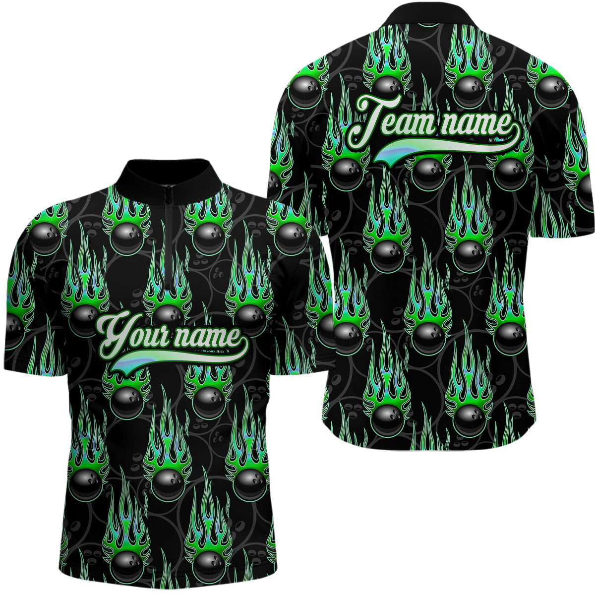 Black Bowling Ball Camo Green Flame Bowling Polo, 1/4 Zip Shirt for Men Custom Bowling Team Jersey NQS9479