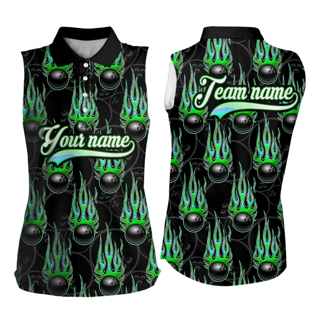 Black Bowling Ball Camo Green Flame Women Bowling Sleeveless Polo Shirt Custom Bowling Team Jerseys NQS9479