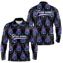 Load image into Gallery viewer, Black Bowling Ball Camo Blue Flame Bowling Polo, 1/4 Zip Shirt for Men Custom Bowling Team Jersey NQS9480