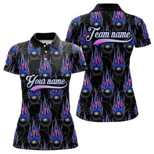 Black Bowling Ball Camo Blue Flame Bowling Polo, 1/4 Zip Shirt for Women Custom Bowling Team Jersey NQS9480