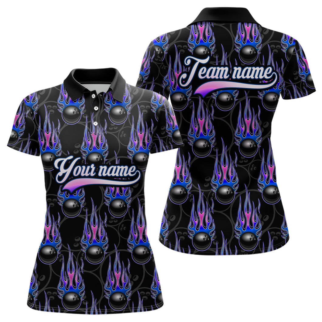Black Bowling Ball Camo Blue Flame Bowling Polo, 1/4 Zip Shirt for Women Custom Bowling Team Jersey NQS9480
