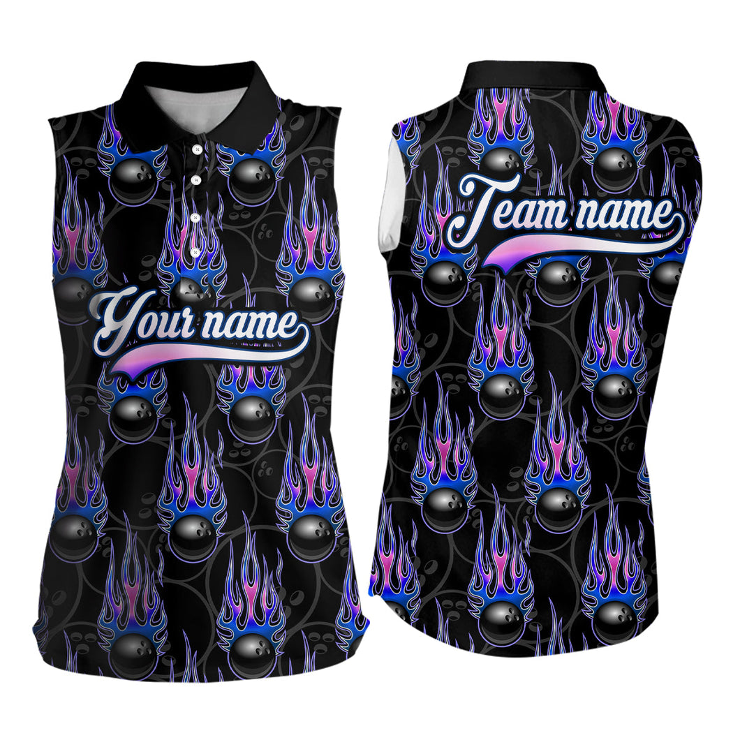 Black Bowling Ball Camo Blue Flame Women Bowling Sleeveless Polo Shirt Custom Bowling Team Jerseys NQS9480