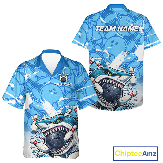 Blue Bowling Camo Angry Shark Bowling Button-up Shirts Custom Shark Team Hawaiian Bowling Jersey NQS11605