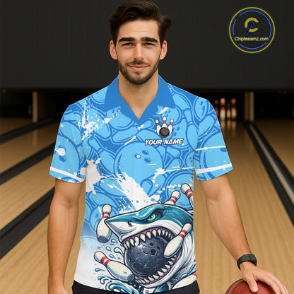 Blue Bowling Camo Angry Shark Bowling Button-up Shirts Custom Shark Team Hawaiian Bowling Jersey NQS11605