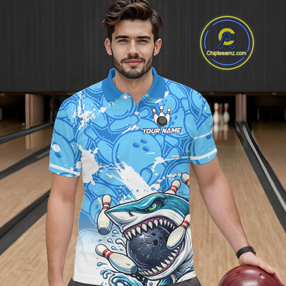 Blue Bowling Camo Angry Shark Bowling Polo, 1/4 Zip Shirts for Men Custom Shark Team Bowling Jerseys NQS11605