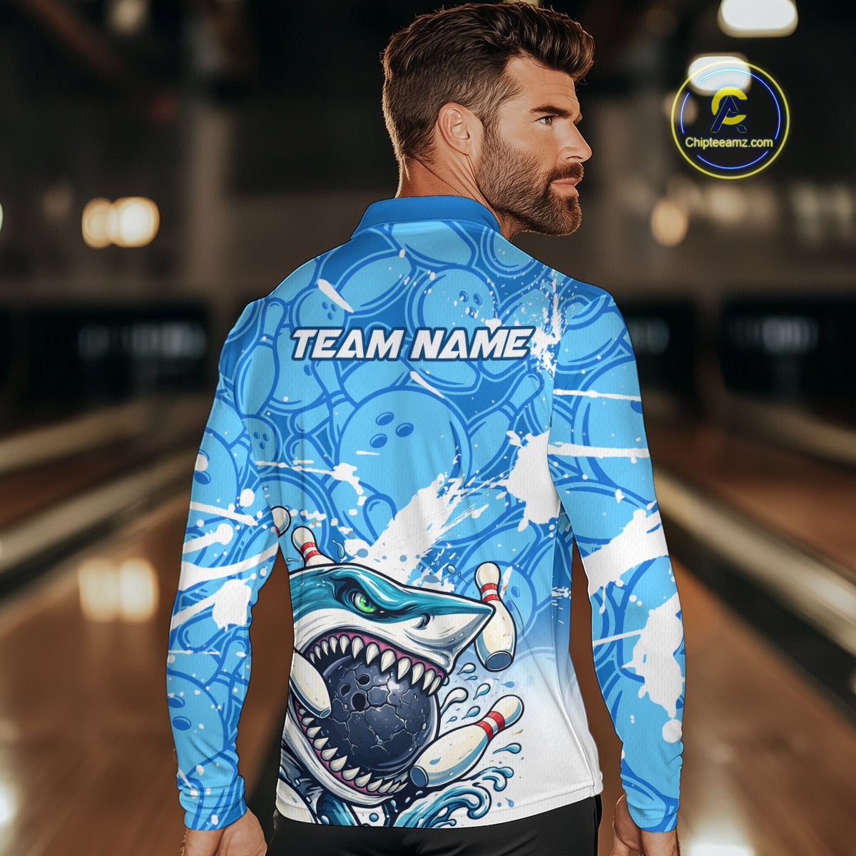 Blue Bowling Camo Angry Shark Bowling Polo, 1/4 Zip Shirts for Men Custom Shark Team Bowling Jerseys NQS11605