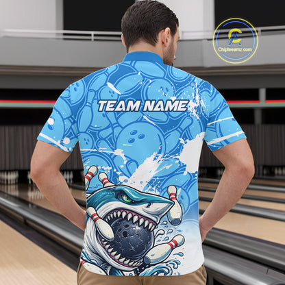 Blue Bowling Camo Angry Shark Bowling Polo, 1/4 Zip Shirts for Men Custom Shark Team Bowling Jerseys NQS11605