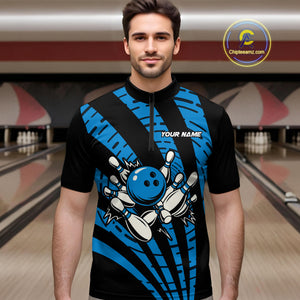 Custom Black and Blue camo Bowling Polo, Quarter Zip Shirt For Mens Custom Team bowling jerseys NQS10608