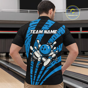 Custom Black and Blue camo Bowling Polo, Quarter Zip Shirt For Mens Custom Team bowling jerseys NQS10608