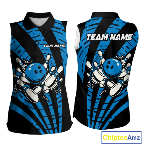 Custom Black and Blue camo Bowling Sleeveless Polo Shirt For Women Custom Team bowling jerseys NQS10608