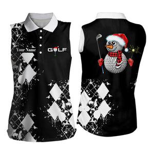 Black and white argyle pattern Women sleeveless golf polo shirt custom Christmas gifts for golf lovers NQS6547