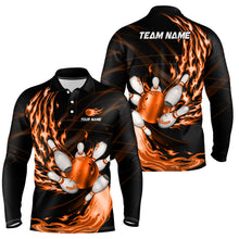 Load image into Gallery viewer, Black Mens bowling shirts Custom Orange flame Bowling ball and pins Team league bowler Jerseys NQS9135