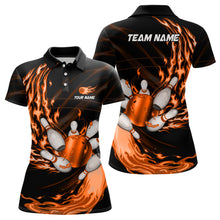 Load image into Gallery viewer, Black Womens bowling shirts Custom Orange flame Bowling ball and pins Team league bowler Jerseys NQS9135