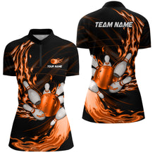 Load image into Gallery viewer, Black Womens bowling shirts Custom Orange flame Bowling ball and pins Team league bowler Jerseys NQS9135