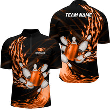 Load image into Gallery viewer, Black Mens bowling shirts Custom Orange flame Bowling ball and pins Team league bowler Jerseys NQS9135