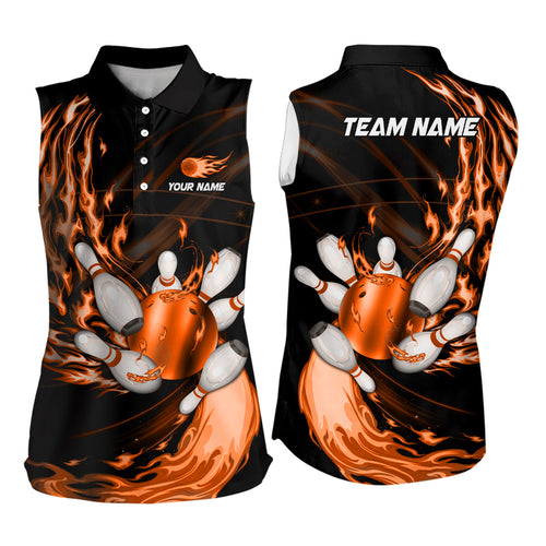 Black Bowling Sleeveless Polo shirt Custom Orange flame Bowling ball pins Team league bowler Jerseys NQS9135