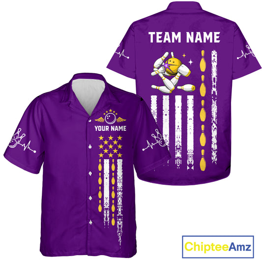Yellow and Purple Retro American Flag Bowling Hawaiian Shirt Custom Patriotic Bowling Team Jerseys NQS11213